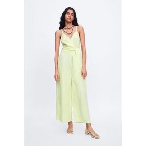 ZARA Linen Blend Wide Leg Tie Front Jumpsuit Green